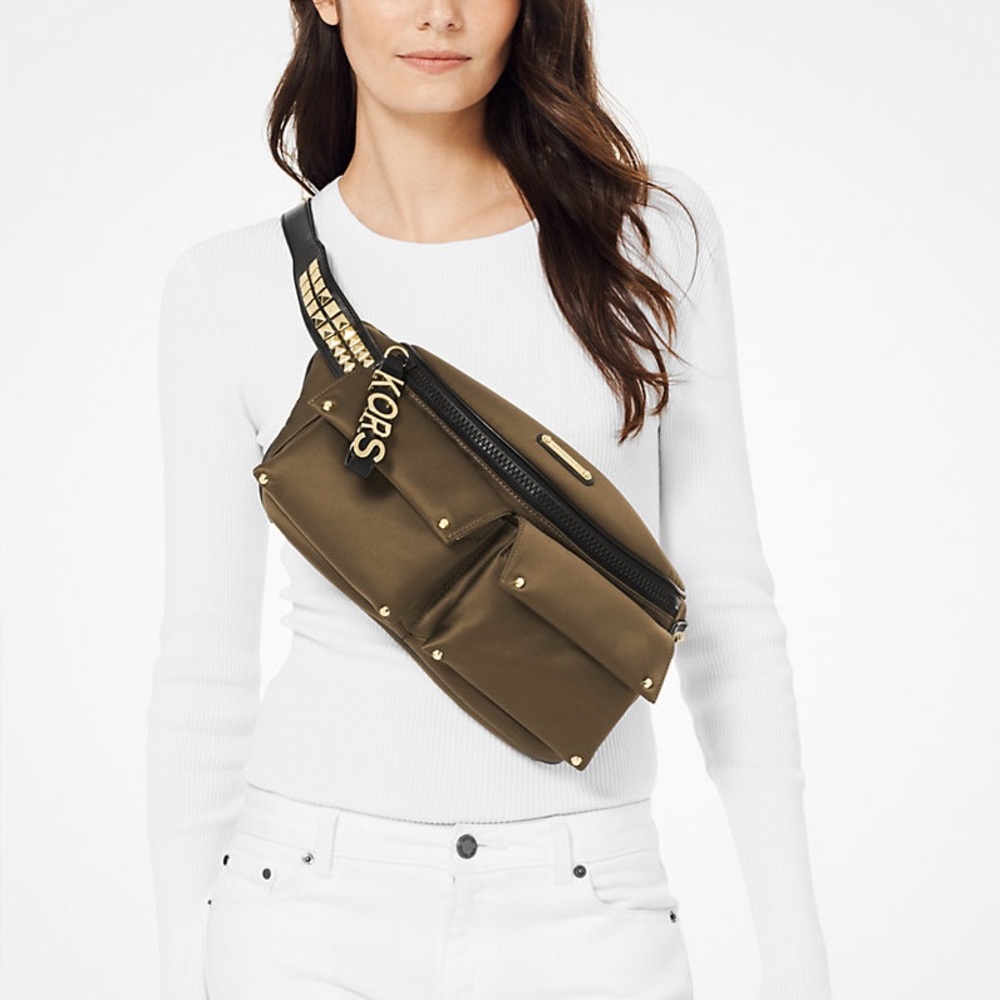 Michael Kors Olivia Large Studded Satin Belt Bag Crossbody in Olive Green - Picture 2 of 14